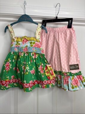 Matilda Jane Green Floral Sundress with Pink Polka Dot Skirt